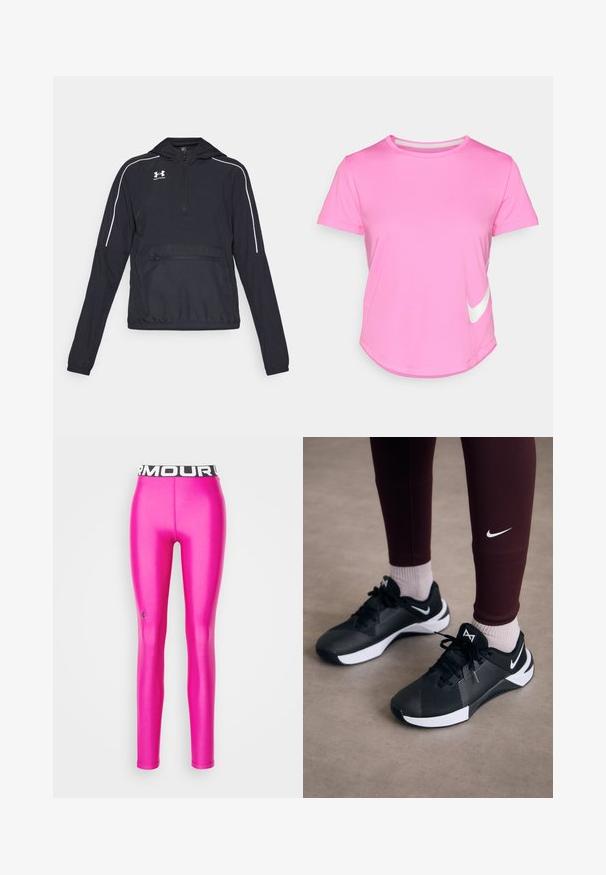 Črna pulover jakna s kapuco, polzadrgo spredaj, elastičnimi manšetami in pasom. Ima bele akcentne črte in sprednji žep na zadrgo.; Roza Nike majica s kratkimi rokavi, zaobljenim ovratnikom, gladke teksture, z belim logotipom na spodnji levi strani in ukrivljenim robom.; Under Armour HEATGEAR - Pajkice - astro pink; Črne športne čevlje z teksturirano zgornjimi deli in belimi akcenti, vključno z vezalkami in logotipom na strani. Oblečene z maroon legicami in svetlimi nogavicami.