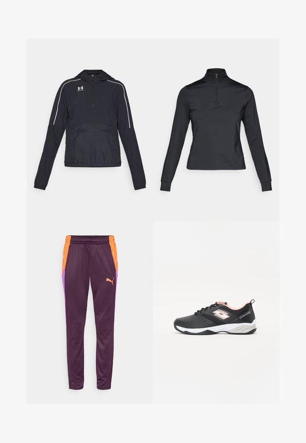 Čierna mikina s kapucňou, s polovičným zipsom na prednej strane, elastickými manžetami a pásom. Obsahuje biele akcentové pruhy a predné vrecko na zips.; Čierny dlhý rukáv pulóver s vysokým zapínaním na zips, vyrobený z hladkého materiálu. Obsahuje priliehavé rukávy a skrátený strih.; Fialové športové nohavice s oranžovými a fialovými bočnými panelmi. Vyrobené z hladkej tkaniny, s elastickým pásom a malým logom.; Čierna športová obuv s priedušným zvrškom, bielymi a svetloružovými akcentmi, šnurovací dizajn a textúrovaná podrážka pre lepšie grip. Ľahká a flexibilná.