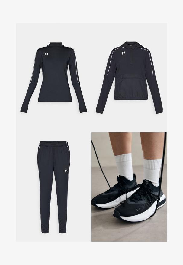 Zwarte pulloverjack met capuchon, halve ritssluiting aan de voorkant, elastische manchetten en taille. Voorzien van witte accentlijnen en een voorzak met rits.; Zwarte lange mouwen sporttop met een schijnhals, voorzien van witte zijstrepen en een klein logo op de bovenste linkerkant van de borst. Zachte, rekbare stof.; Zwarte sportbroeken van een lichte stof, met een taps toelopend ontwerp, elastische tailleband en witte zijstrips met een logo.; Zwarte sportschoenen van gestructureerde stof, met een witte zool en zwarte veters. Draag ze met witte geribde sokken, staand op een lichte ondergrond.