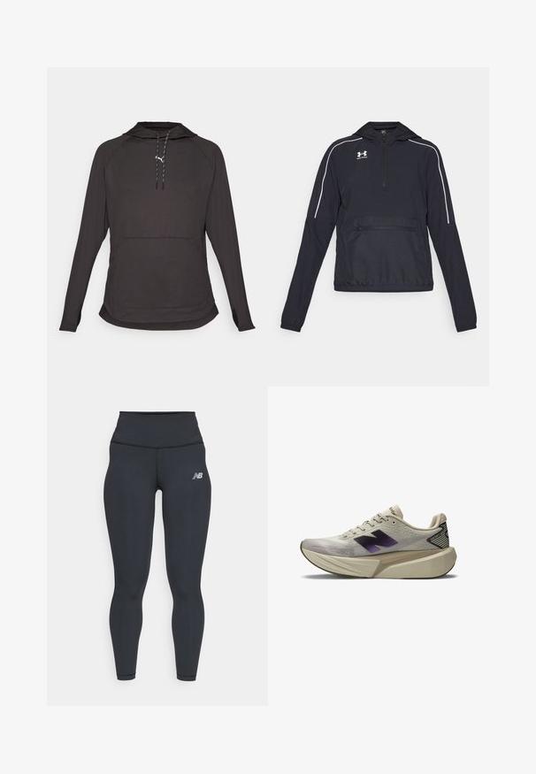 Czarna kurtka typu pulower z kapturem, z połową zamka z przodu, elastycznymi mankietami i paskiem w talii. Posiada białe akcenty wzdłuż oraz zamek błyskawiczny z przodu.; Czarna, długosleeve'owa, zakapturzona bluza wykonana z lekkiego materiału, z kieszenią na przodzie i regulowanym kapturem w kontrastowych kolorach.; Czarne legginsy sportowe z wysokim stanem, o gładkiej fakturze i małym białym logo New Balance na udzie.; Jasno beżowy but sportowy z grubą podeszwą, czarnym i fioletowym logo "N" po boku oraz etykietą "FantomFit" na pięcie.