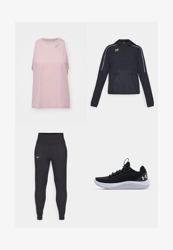 Schwarze Pulloverjacke mit Kapuze, Halb-Reißverschluss vorne, elastische Bündchen und Taillenbund. Mit weißen Akzenten und einer vorderen Reißverschlusstasche.; NNormal TANK - Top - dunkelpink; Schwarze Sportleggings aus dehnbarem Material, mit hohem Taillenbund, seitlichen Taschen und schmalen Bündchen am Knöchel.; Schwarze Sportschuhe mit einem atmungsaktiven Mesh-Obermaterial, strukturierten Details und einer weißen Gummisohle. Ausgestattet mit flachen Schnürsenkeln und einer Zuglasche an der Ferse.