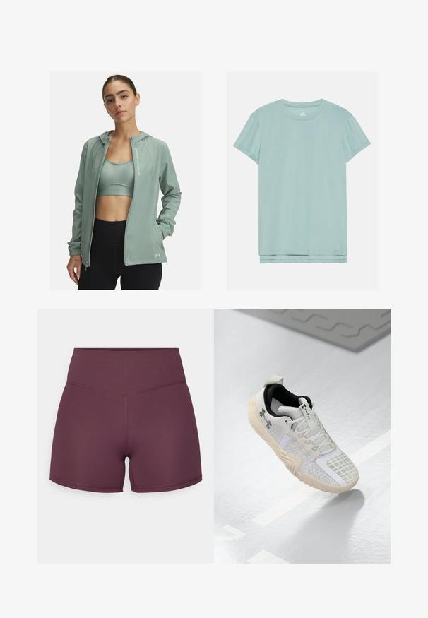 Hele roheline, lukuga jakk kapuutsiga, valmistatud siledast ja venivast materjalist. Omab küljetaskut ja peegeldavat logo vasakul küljel.; Heledsinine lühikeste varrukatega T-särk, mis on valmistatud pehmest kangast, ümmarguse kaelusega ja otse alläärega. Lihtne, sile tekstuur ilma mustriteta.; Lilla sportlühikesed püksid venivast kangast, kõrge vöökohaga ja sujuva tekstuuriga, millel on vastandlike õmbluste detail.; Valged sportlikud jalatsid, millel on tekstuuriga võrkpealne, must sisemus ja beež kummitald mustriga haardega. Rõhutatud peentega detailidega.