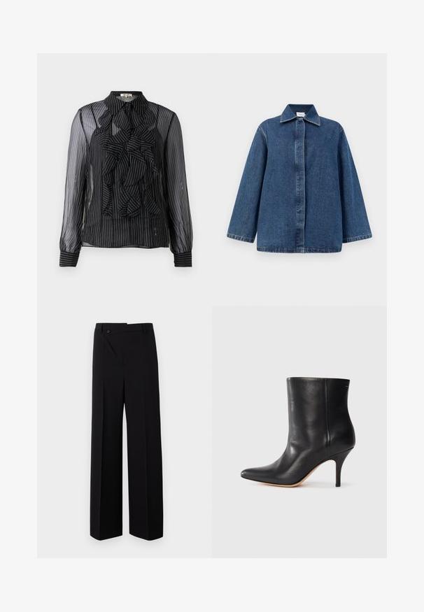 Tumši zila džinsa jaka ar apvalku, priekšējo pogu aizdari un brīvu piegriezumu ar garām piedurknēm. Gluda tekstūra un minimālisma šuvju detaļas.; Melnā caurspīdīgā blūze ar vertikālām baltām svītrām, ar volānu detalizāciju priekšpusē, garām piedurknēm un standarta apkakli. Mīksta tekstūra ar pogu aizdari.; Melni platās bikses ar taisnu priekša, pogu aizdari un gludu auduma tekstūru. Ievērojama tieša piegriezuma un asu līniju klātbūtne.; Melnas ādas potītes zābaki ar norādītu pirkstu, šauru stiletto papēdi un gludu tekstūru. Minimalistiska dizaina, bez redzamām detaļām vai akcentiem.