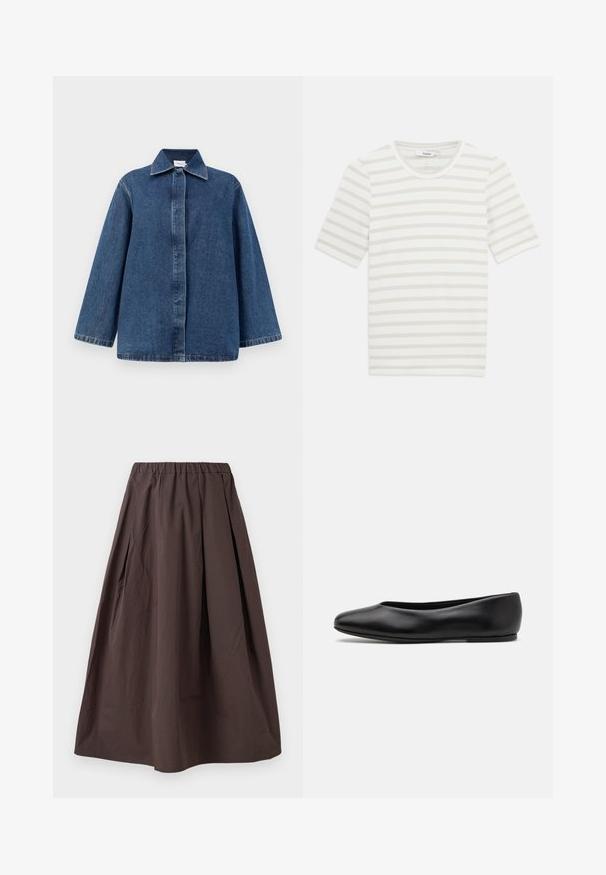 Dark blue denim jacket featuring a collar, front button closure, and loose fit with long sleeves. Smooth texture and minimal stitching detail.; Striped short-sleeve t-shirt, made of lightweight cotton blend, featuring light beige and off-white stripes, round neckline, and soft texture.; Brown midi-length skirt with an elastic waistband and subtle pleats on a white background.; Paul Smith TOPANGA - Ballet pumps - black