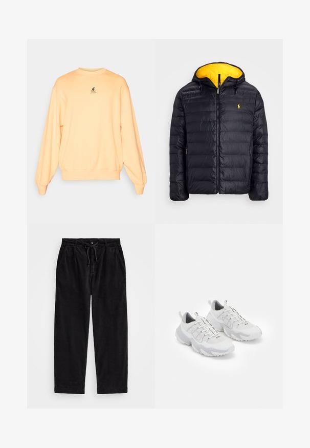 Polo Ralph Lauren THE COLDEN REVERSIBLE JACKET - Talvejope - black/slicker yellow; Heledoranž kapuutsviit, puuvillasegu, ümmargune kaelus, soonikkoes varrukates ja hemis, väike must logo rinnal, lõdva lõikega, pehme tekstuur.; Mustreeritud mustad korduroypassid, millel on vabalt langev lõige, elastse vöökoha ja nööriga, ning küljetaskud. Kangas on ribakujuline.; Valged spordijalatsid, millel on võrgust ülemine osa, hallid aktsendid, tekstuurne kummist talla ja tõmbenöörid kandis; sisaldavad paeltega sulgemist.