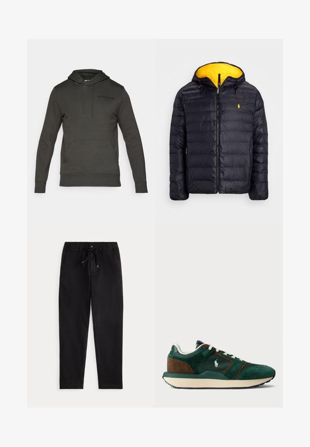 Polo Ralph Lauren THE COLDEN REVERSIBLE JACKET - Téli dzseki - black/slicker yellow; Sötét szürke pulóver elülső kenguruzsebbekkel, kapucnival és zsinórokkal. Fekete elülső logójával rendelkezik, puha anyagból készült.; Fekete laza nadrág rugalmas derekú, húzózsinórral, elülső gombbal és oldalsó zsebekkel, egyszínű háttéren bemutatva.; Férfi sportcipő sötétzöld és barna velúrból, hálós betétekkel, fehér fűzőkkel és gumitalppal. Az oldalukon logóval rendelkezik.