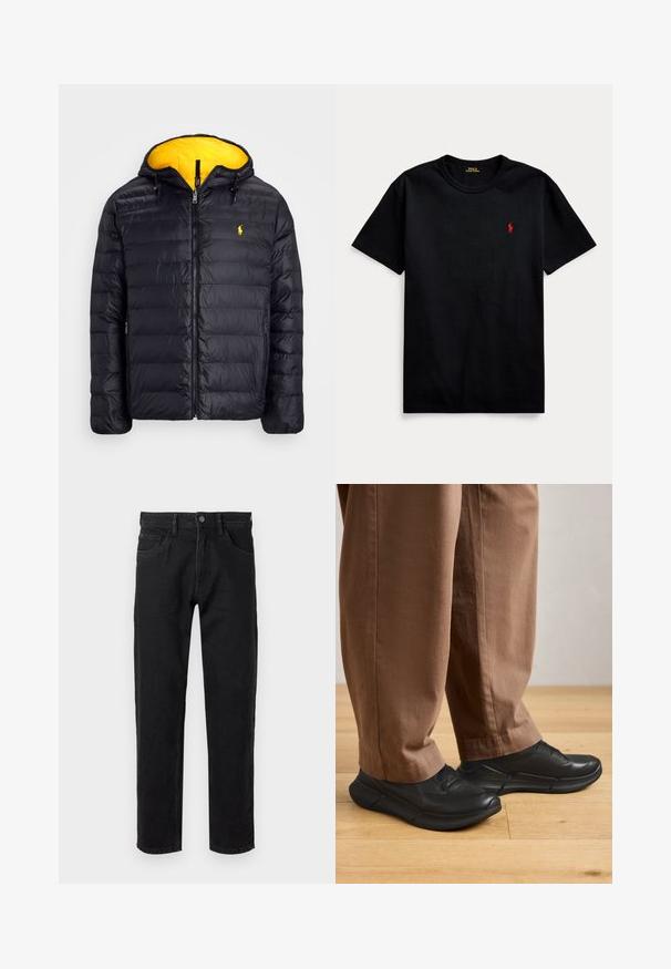 Polo Ralph Lauren THE COLDEN REVERSIBLE JACKET - Ziemas jaka - black/slicker yellow; Melnas kokvilnas T-krekls ar īsām piedurknēm, apaļu kakla izgriezumu un mazu sarkanu izsietu logotipu kreisajā krūtī. Gluda tekstūra, ikdienišķs dizains.; Melni denimi džinsi ar taisno griezumu, piecu kabatu dizainu un metāla pogas aizdari. Viegli gluda tekstūra ar minimālu izbalēšanu.; Cilvēks, kurš valkā brīvus brūnus bikses un melnus slip-on apavus, stāv uz koka grīdas.