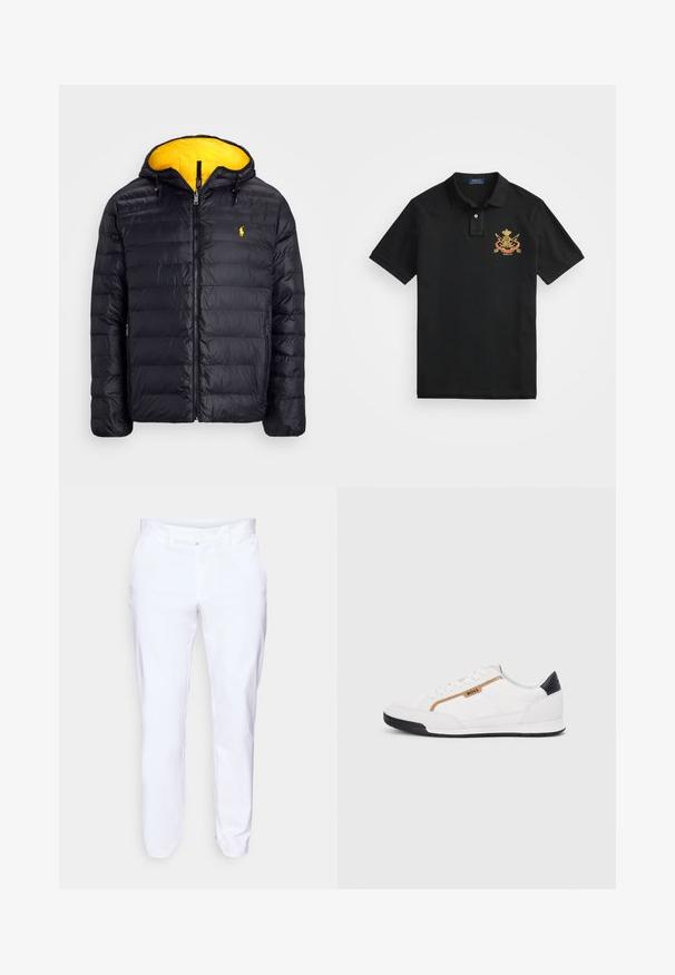 Polo Ralph Lauren THE COLDEN REVERSIBLE JACKET - Téli dzseki - black/slicker yellow; Fekete pólóing, amely pamutból készült, klasszikus gallérral, kétsoros gombolással és hímezett címerrel a bal mellen.; Fehér nadrág sima anyagból, egyenes szabású dizájnnal, elöl gombos záródással és két ferde oldalzsebbel.; Fehér sportcipők, hálós és bőr díszítésekkel. Kiemelkedő arany "BOSS" logó, textúrázott oldalpanelekkel és fekete sarokkal. Gumi talp.
