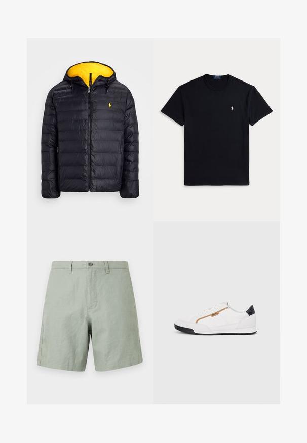 Polo Ralph Lauren THE COLDEN REVERSIBLE JACKET - Vinterjakker - black/slicker yellow; Sort bomuldst-shirt med rund halsudskæring, korte ærmer og et lille broderet logo på venstre bryst. Glat tekstur.; Lys grønne linned shorts med flad front, enkelt knaplukning og sidelommer. Flad kant med minimale syninger.; Hvide atletiske sko med mesh og læderdetaljer. Har et gyldent "BOSS" logo, teksturerede sidepaneler og en sort hælkappe. Gummisål.