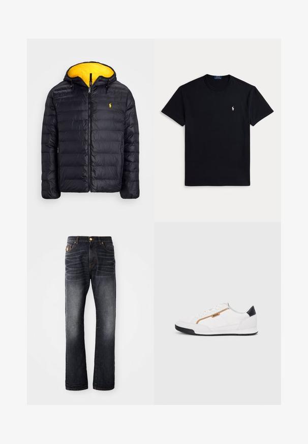 Polo Ralph Lauren THE COLDEN REVERSIBLE JACKET - Talvejope - black/slicker yellow; Must puuvillane T-särk, millel on ümarsuu kaelus, lühikesed varrukad ja vasakul rinnal väike tikitud logo. Sile tekstuur.; Tumedad sinised teksad sirge lõikega, millel on pleekinud efekt, oranž õmblus ja lukuga eesosa, millel on doonor.; Valged sportlikud jalatsid, millel on võrkkangas ja nahkdetailid. Omab kuldset "BOSS" logo, tekstureeritud külgpaneele ja musta kontsakaant. Kummist tallad.