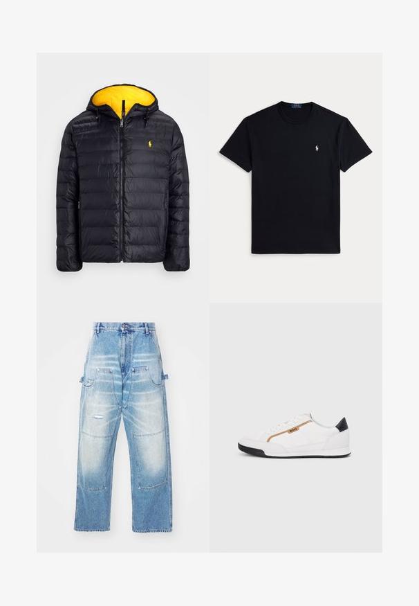 Polo Ralph Lauren THE COLDEN REVERSIBLE JACKET - Talvejope - black/slicker yellow; Must puuvillane T-särk, millel on ümarsuu kaelus, lühikesed varrukad ja vasakul rinnal väike tikitud logo. Sile tekstuur.; Heledad sinised teksapüksid, millel on lahtine lõige, mitmed taskud, kulunud detailid ja hägune viimistlus. Sirge jala disain.; Valged sportlikud jalatsid, millel on võrkkangas ja nahkdetailid. Omab kuldset "BOSS" logo, tekstureeritud külgpaneele ja musta kontsakaant. Kummist tallad.