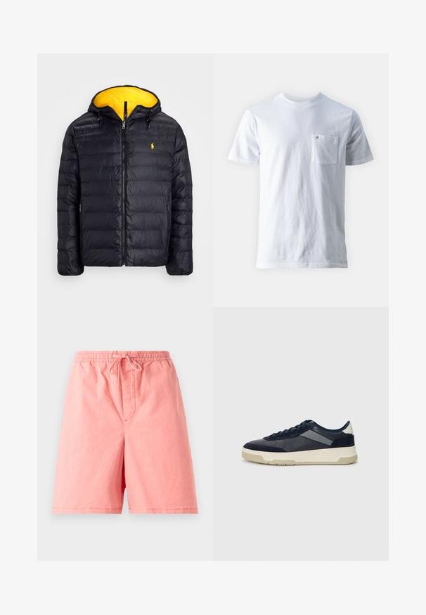 Polo Ralph Lauren THE COLDEN REVERSIBLE JACKET - Talvejope - black/slicker yellow; Valge puuvillane T-särk, millel on ümmargune kaelus, lühikesed varrukad ja vasakul rinnal tasku, taskul on väike logo. Sujuv tekstuur.; Heledad roosa puuvillast lühikesed püksid, millel on elastne vöökoht ja nöör, ning üks eesmine tasku koos õmblusega.; BOSS BALTIMORE - Tossud - open blue