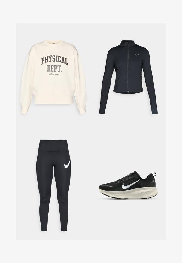 Čierna športová bunda s dlhým rukávom, s predným zipsom a bielym logom Nike swoosh na ľavom prsníku, navrhnutá na tesný strih.; Krémová mikina s okrúhlym výstrihom, zníženými plecami a rebrovanými manžetami. Na prednej strane sa nachádza nápis "PHYSICAL DEPT." v tmavosivej tučnej farbe.; Čierne športové legíny s vysokým pásom s bielym logom Nike swoosh na ľavom stehne na bielom pozadí.; Čierne bežecké topánky Nike s priedušnou sieťovinou, bielym logom s symbolom swoosh, textúrovanými detailmi a krémovou ZoomX medzipodrážkou.