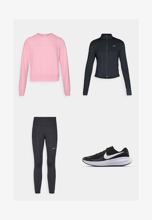 Jaqueta atlética preta de mangas longas com fecho na frente e logótipo do swoosh da Nike branco no peito esquerdo, projetada para um ajuste slim.; Sweatshirt rosa feito de tecido macio, com um decote redondo, mangas longas e um pequeno logótipo branco no peito. A bainha é ligeiramente encurtada.; Leggings pretos feitos de tecido elástico, com uma cintura alta e um logo branco da Nike na coxa esquerda. Textura suave, design ajustado ao corpo.; Sapatilha desportiva preta com parte superior em malha texturizada, logótipo swoosh branco, colarinho almofadado e uma entressola branca espessa e acolchoada. Sola de borracha.