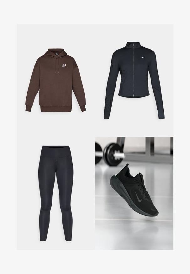 Svart långärmad träningsjacka med framdragkedja och vitt Nike-swoosh-logotyp på vänster bröst, designad för en slim fit.; Brun hetväst i mjukt tyg, med dragsko i huva, ribbade ärmslut och nederkant samt en liten vit Under Armour-logotyp på bröstet.; Svarta leggings gjorda av ett smidigt, elastiskt tyg. Hög midja utan synliga mönster eller detaljer. Sitter tätt från midjan till anklarna.; Svarta sportskor med Nike-logotyp, visade mitt i luften på gymgolvet, med en suddig hantelställning i bakgrunden.