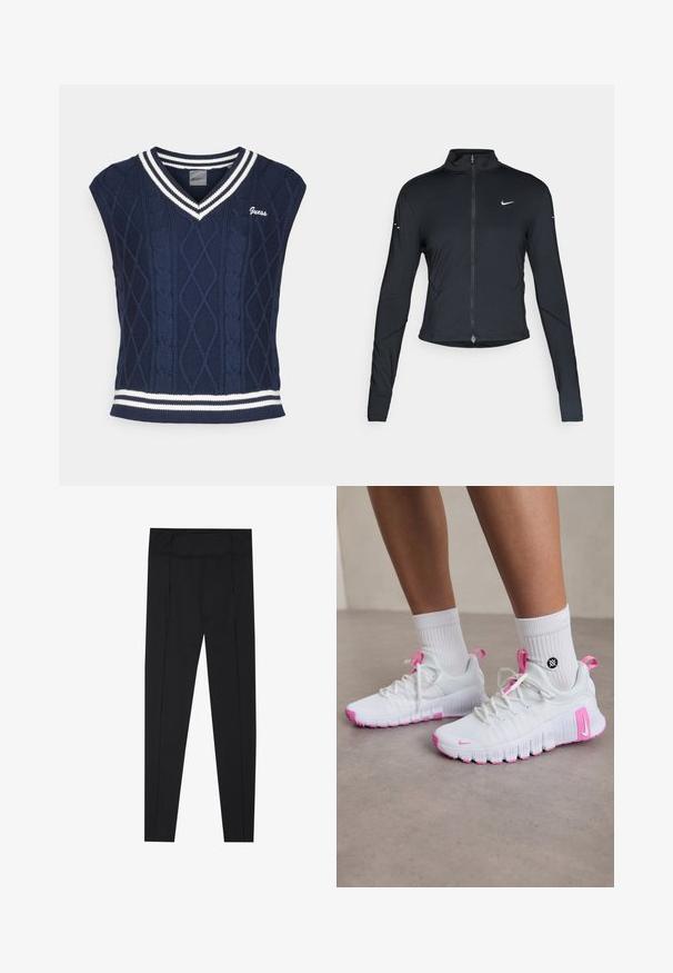 Giacca sportiva nera a maniche lunghe con zip frontale e logo Nike swoosh bianco sul lato sinistro del petto, progettata per una vestibilità slim.; Maglione senza maniche in maglia navy con scollo a V, caratterizzato da un motivo a treccia, dettagli a righe bianche al colletto e all'orlo, e logo "Guess".; Leggings neri con una texture liscia, vita alta e dettagli di cucitura lungo i lati. Design slim-fit, adatti per diverse attività.; Scarpe sportive bianche con accenti rosa, design aerodinamico, tomaia in mesh testurizzato e suola in gomma flessibile. Presentano un logo e una linguetta per il tallone.