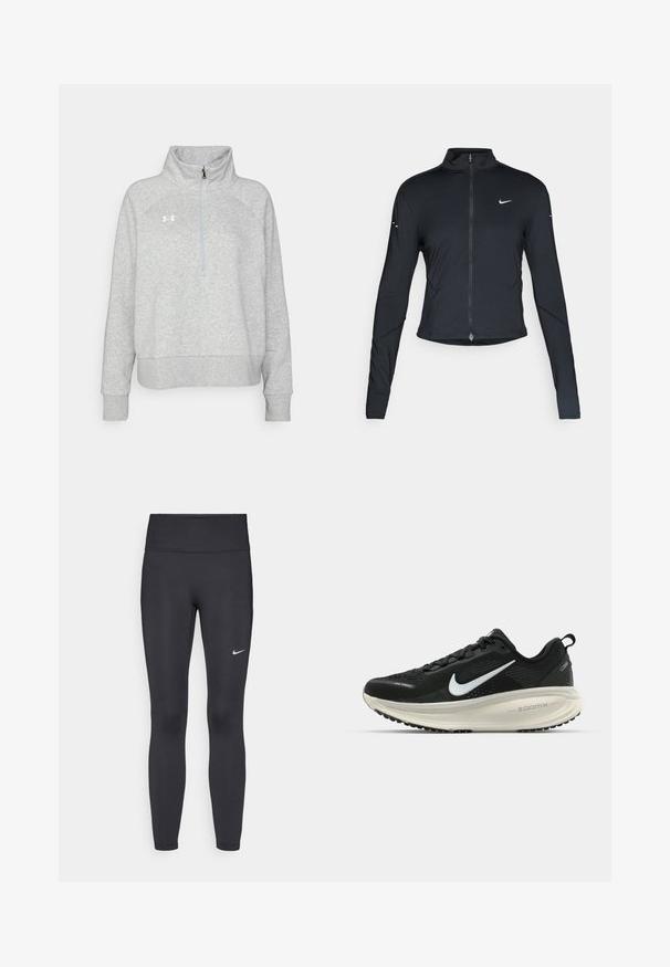 Zwarte lange mouwen sportjack met rits aan de voorkant en wit Nike swoosh-logo op de linkerborst, ontworpen voor een slank figuur.; Grijze fleece pullover met een hoge kraag, kwart-rits aan de voorkant, raglanmouwen en geribbelde manchetten. Heeft een logo op de linkerborst.; Zwarte legging van rekbare stof met een hoge tailleband en een wit Nike-logo op de linkerdij. Gladde textuur, aansluitend ontwerp.; Zwarte Nike hardloopschoen met ademend mesh bovenwerk, witte swoosh-logo, gestructureerde details en een crèmekleurige ZoomX middenzool.