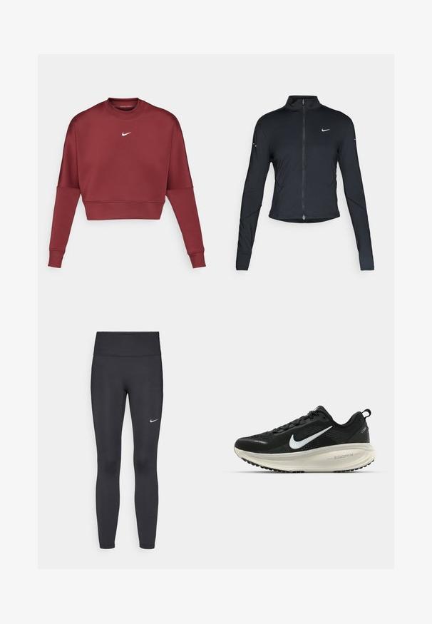 Melnā garo piedurkņu sporta jaka ar priekšējo rāvējslēdzēju un baltu Nike swoosh logo uz kreisā krūts, paredzēta ciešai piegriezei.; Burgundijas krāsas īsais džemperis, kas izgatavots no mīksta auduma, ar garām piedurknēm, apaļu kakla izgriezumu un mazu balto Nike logotipu uz krūšu.; Melnas legingi, izgatavoti no elastīga auduma, ar augstu jostu un baltu Nike logotipu kreisajā augšstilbā. Gluda tekstūra, piegulošs dizains.; Melnas Nike skriešanas kurpes ar elpojošu acs augšdaļu, baltu Swoosh logotipu, strukturētu apdari un krēmkrāsas ZoomX starpsole.