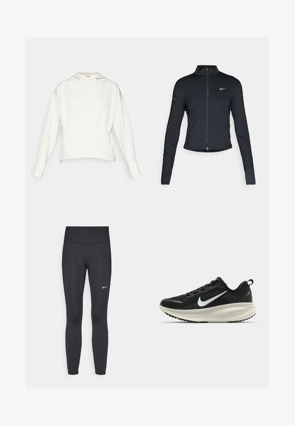 Must have pika, pikkade varrukatega sportlik jakk, ees lukuga ja valge Nike swooshi logo vasakul rinnal, mõeldud kitsaks sobivuseks.; Valge kapuutsiga sviiter, pikkade varrukatega, lõdva lõikega, külgmiste tõmblukkudega ja rinnal väikese logoga. Pehme materjal, minimalistlik disain.; Mustad mustadest leggingid, mis on valmistatud venivast kangast, kõrge vöökoha ja valge Nike logo abil vasakul reiel. Sile tekstuur, keha järgiv disain.; Musthave mustus Nike jooksujalats, millel on hingav võrgust ülemine osa, valge swoosh logo, tekstuuriga detailid ja kreemja värvusega ZoomX vahevöö.