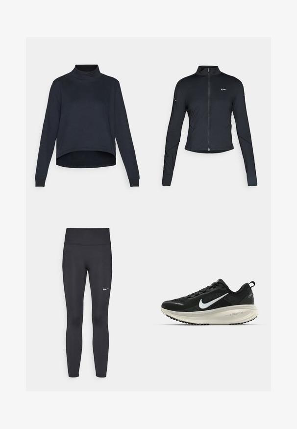 Schwarze, langärmelige Sportjacke mit Frontreißverschluss und weißem Nike-Swoosh-Logo auf der linken Brust, entworfen für eine schlanke Passform.; Yogasearcher BOTHI - Sweatshirt - black; Schwarze Leggings aus elastischem Stoff, mit einem hohen Bund und einem weißen Nike-Logo auf dem linken Oberschenkel. Glatte Textur, figurbetontes Design.; Schwarzer Nike-Laufschuh mit atmungsaktivem Mesh-Obermaterial, weißem Swoosh-Logo, strukturierten Details und einer cremefarbenen ZoomX-Zwischensohle.