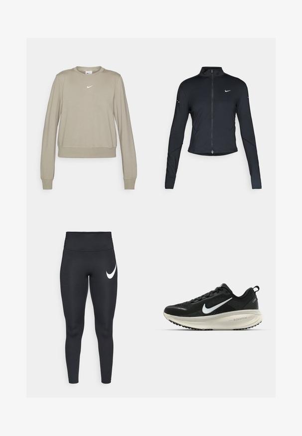 Schwarze, langärmelige Sportjacke mit Frontreißverschluss und weißem Nike-Swoosh-Logo auf der linken Brust, entworfen für eine schlanke Passform.; Helle beige Nike Sweatshirt mit langen Ärmeln, Rundhalsausschnitt und dezentem Logo in Weiß auf der Brust. Weicher Stoff mit entspannter Passform.; Schwarze hochgeschnittene Sportleggings mit einem weißen Nike-Swoosh-Logo auf dem linken Oberschenkel vor einem weißen Hintergrund.; Schwarzer Nike-Laufschuh mit atmungsaktivem Mesh-Obermaterial, weißem Swoosh-Logo, strukturierten Details und einer cremefarbenen ZoomX-Zwischensohle.
