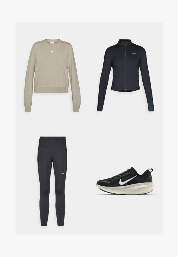 Giacca sportiva nera a maniche lunghe con zip frontale e logo Nike swoosh bianco sul lato sinistro del petto, progettata per una vestibilità slim.; Felpa Nike di un beige chiaro con maniche lunghe, scollo a girocollo e logo sottile in bianco sul petto. Tessuto morbido con una vestibilità rilassata.; Leggings neri realizzati in tessuto elasticizzato, con una vita alta e un logo Nike bianco sulla coscia sinistra. Tessuto liscio, design aderente.; Scarpa da corsa nera Nike con tomaia in rete traspirante, logo Swoosh bianco, dettagli testurizzati e intersuola ZoomX di colore crema.