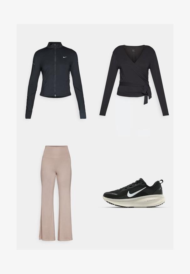 Veste de sport noire à manches longues avec fermeture éclair à l'avant et logo Nike swoosh blanc sur la poitrine gauche, conçue pour un ajustement slim.; Haut noir à manches longues enroulé avec un col en V, comportant un lien latéral. Fabriqué en tissu doux et lisse avec une silhouette ajustée.; Pantalons évasés taille haute, beige clair, fabriqués dans un tissu doux avec une texture lisse et sans motifs visibles ni détails métalliques.; Baskets de course noir Nike avec tige respirante en mesh, logo swoosh blanc, détails texturés et semelle intermédiaire ZoomX de couleur crème.
