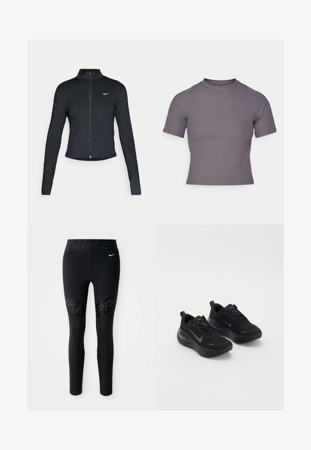 Juoda ilgomis rankovėmis sportinė striukė su priekiniais užtrauktukais ir baltu "Nike" swoosh logotipu kairėje krūtinės pusėje, sukurta siauram pritaikymui.; Trumpas rankovės, aukštų kaklu, juodos spalvos viršus su brūkšniniu raštu. Prigludusi konstrukcija su plokščiais siūlais ir sklandžiu paviršiumi. Be raštų ar grafikos.; Juodos Nike Pro leggingai su aukštu juosmeniu, kuriuose yra "NIKE" tekstas ir mažas baltas Nike swoosh logotipas kairiajame klube.; Juodos sportinės bateliai su tekstūruotu paviršiumi, raišteliais ir storu, paminkštintu padu. Kiekvienoje pusėje yra šviesiai pilkas Nike logotipas.