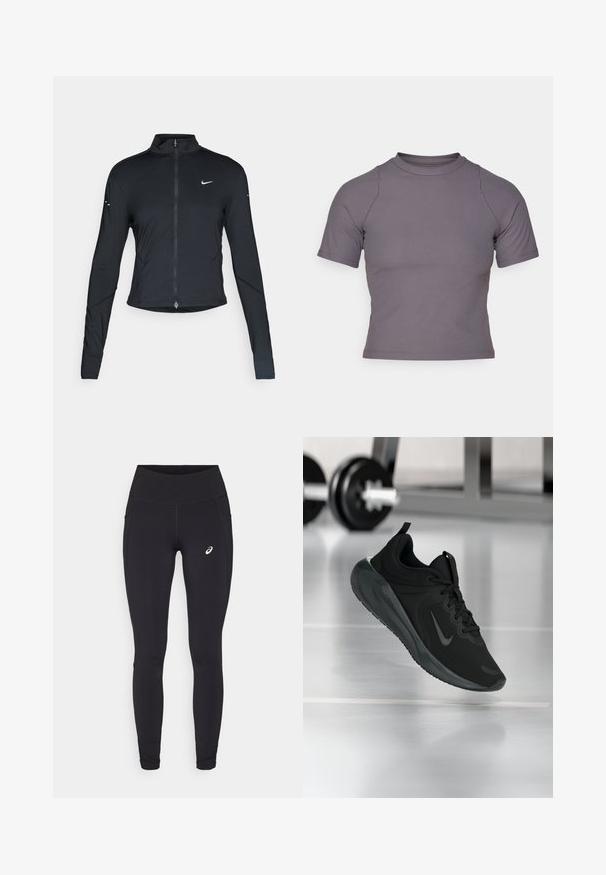 Fekete, hosszú ujjú sportdzseki elején zippzárral és fehér Nike swoosh logóval a bal mellen, karcsú fazonra tervezve.; Rövidujjú, magas nyakú felső bordázott, szürke anyagból. Testhezálló kialakítás lapos varrásokkal és sima textúrával. Minták vagy grafikák nincsenek rajta.; ASICS NAGINO RUN ADJUSTABLE  - Futòharisnyàk - performance black; Fekete sportcipő Nike logóval, amely a levegőben látható az edzőterem padlóján, a háttérben elmosódott kézi súlyzó állvánnyal.