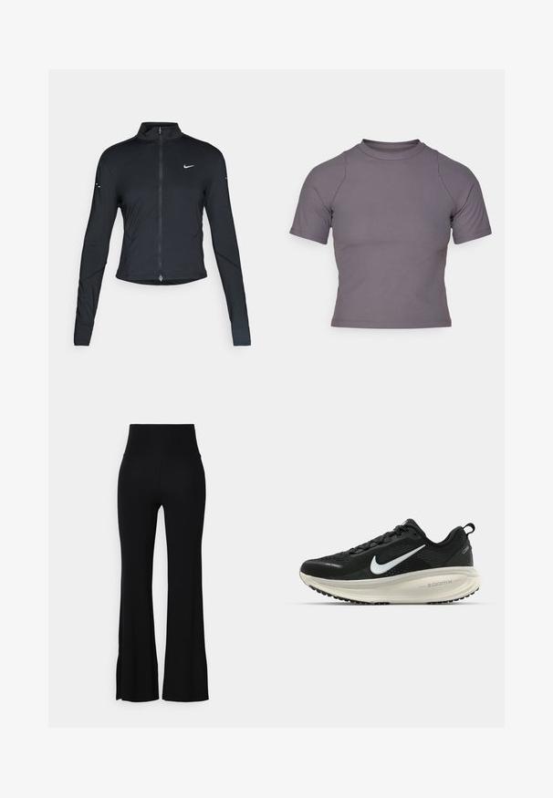 Fekete, hosszú ujjú sportdzseki elején zippzárral és fehér Nike swoosh logóval a bal mellen, karcsú fazonra tervezve.; Rövidujjú, magas nyakú felső bordázott, szürke anyagból. Testhezálló kialakítás lapos varrásokkal és sima textúrával. Minták vagy grafikák nincsenek rajta.; Fekete harang szabású nadrág rugalmas anyagból, magas derékkal és sima textúrával. Az alja finoman kiszélesedik a térdtől.; Fekete Nike futócipő légáteresztő hálós felsőrésszel, fehér Swoosh logóval, textúrázott részletekkel és krém színű ZoomX középtalppal.