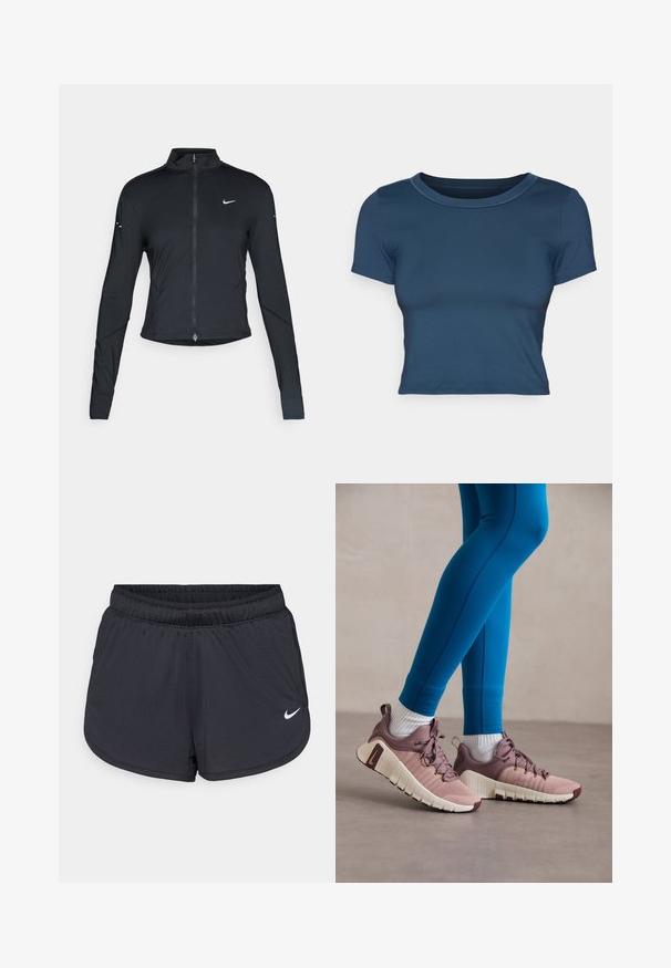 Black long-sleeve athletic jacket with front zipper and white Nike swoosh logo on left chest, designed for a slim fit.; Navy blue cropped t-shirt made of smooth, stretchy fabric. Features a round neckline and short sleeves with simple stitching details.; Black athletic shorts with an elastic waistband, featuring a sporty design and a white Nike logo on the lower front. Textured fabric.; Athletic shoes in light pink and beige with textured side panels, brown accents, and flexible soles. Worn with blue leggings and white socks.