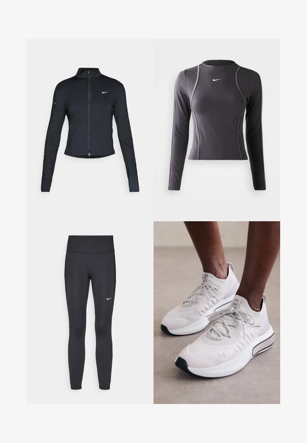 Fekete, hosszú ujjú sportdzseki elején zippzárral és fehér Nike swoosh logóval a bal mellen, karcsú fazonra tervezve.; Hosszú ujjú sportpóló sötétszürke színben, rugalmas anyagból készült, lekerekített nyakkivágással és kontrasztos varrással. Nike logó a mellkason.; Fekete leggings elasztikus anyagból, magas derékkal és fehér Nike logóval a bal combon. Simább textúra, testhez álló kialakítás.; Világosszürke sportcipők, texturált kötött felsőrésszel, párnázott talppal és fekete részletekkel, a kényelem és teljesítmény érdekében tervezve.