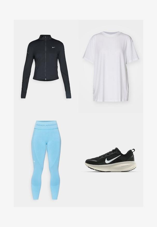 Fekete, hosszú ujjú sportdzseki elején zippzárral és fehér Nike swoosh logóval a bal mellen, karcsú fazonra tervezve.; Fehér, nagyméretű pamut póló, kerek nyakkivágással, rövid ujjakkal és oldalsó hasítékokkal a laza illeszkedés érdekében. Simma textúra.; Világoskék sportleggings, magas derékkal, texturált részletekkel és a "Under Armour" logóval, kontrasztos színben a derékon és az oldalon.; Fekete Nike futócipő légáteresztő hálós felsőrésszel, fehér Swoosh logóval, textúrázott részletekkel és krém színű ZoomX középtalppal.