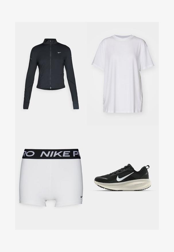 Černá sportovní bunda s dlouhým rukávem, s předním zapínáním na zip a bílým logem Nike swoosh na levé části hrudníku, navržena pro slim fit.; Bílé oversized tričko vyrobené z bavlny, s kulatým výstřihem, krátkými rukávy a bočními rozparky pro uvolněný střih. Hladká textura.; Bílé sportovní šortky s černým páskem Nike Pro. Mají hladkou texturu a malou černou značku Nike poblíž lemu.; Černá běžecká obuv Nike s prodyšným síťovaným svrškem, bílým logem swoosh, texturovanými detaily a krémovou mezipodešví ZoomX.