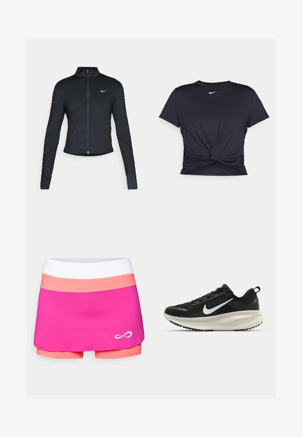 Jachetă sport neagră cu mâneci lungi, fermoar frontal și logo-ul alb al Nike pe pieptul stâng, concepută pentru o croială ajustată.; Tricou sport negru din material neted, cu un design frontal legat și un mic logo Nike alb pe piept.; Endless SKIRT RACE - Fustă sport - deep fucsia; Pantofii de alergare negri de la Nike, cu parte superioară din plasă respirabilă, logo-ul alb Swoosh, detalii texturate și o talpă intermediară ZoomX de culoare crem.