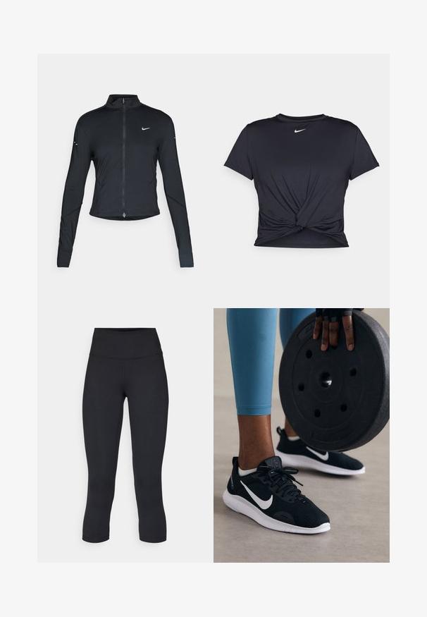 Schwarze, langärmelige Sportjacke mit Frontreißverschluss und weißem Nike-Swoosh-Logo auf der linken Brust, entworfen für eine schlanke Passform.; Schwarzes Sport-T-Shirt aus glattem Stoff, mit einem geknoteten Vorderdesign und einem kleinen weißen Nike-Logo auf der Brust.; Schwarze, cropped Leggings aus dehnbarem Material, mit einem hohen Bund und glatter Textur, ohne sichtbare Muster oder Hardware.; Schwarze Sportschuhe mit einem Mesh-Obermaterial, weißen Akzenten und einer dicken weißen Sohle. Im Vordergrund wird eine schwarze Gewichtsscheibe gehalten.