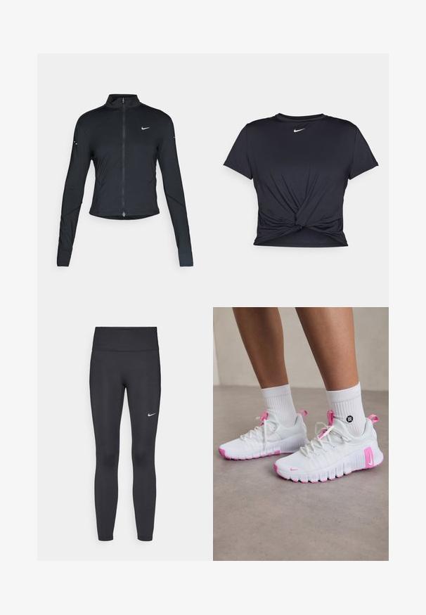 Zwarte lange mouwen sportjack met rits aan de voorkant en wit Nike swoosh-logo op de linkerborst, ontworpen voor een slank figuur.; Zwarte sportieve T-shirt van gladde stof, met een geknoopt ontwerp aan de voorkant en een klein wit Nike-logo op de borst.; Zwarte legging van rekbare stof met een hoge tailleband en een wit Nike-logo op de linkerdij. Gladde textuur, aansluitend ontwerp.; Witte sportieve schoenen met roze accenten, gestroomlijnd ontwerp, textuur-mesh bovenwerk en een flexibele rubberen zool. Voorzien van logo en trekhaak.
