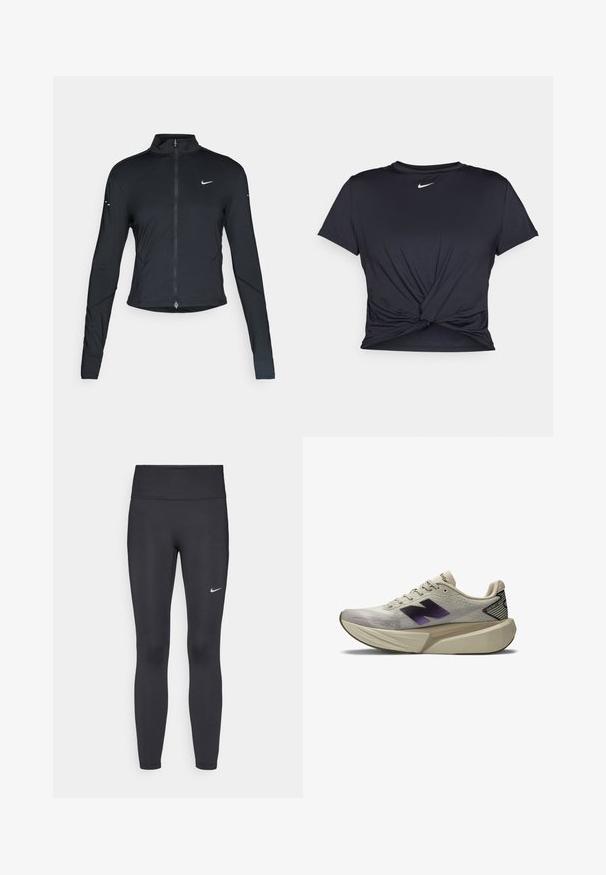 Veste de sport noire à manches longues avec fermeture éclair à l'avant et logo Nike swoosh blanc sur la poitrine gauche, conçue pour un ajustement slim.; T-shirt de sport noir en tissu lisse, avec un design avant noué et un petit logo Nike blanc sur la poitrine.; Leggings noirs en tissu extensible, dotés d'une taille haute et d'un logo Nike blanc sur la cuisse gauche. Texture lisse, design ajusté.; Baskets de sport beige clair avec semelle épaisse, logo "N" noir et violet sur le côté, et étiquette "FantomFit" au talon.