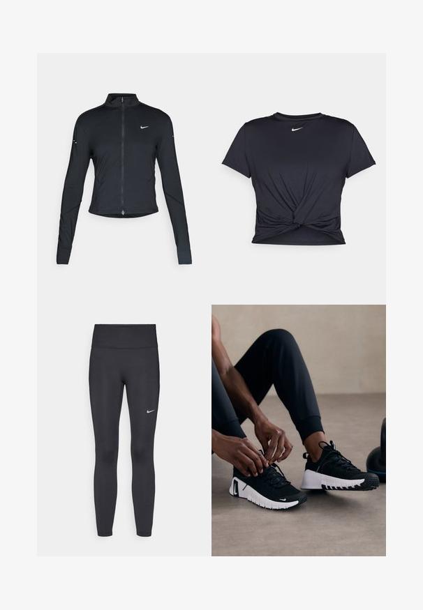Black long-sleeve athletic jacket with front zipper and white Nike swoosh logo on left chest, designed for a slim fit.; Black athletic t-shirt made of smooth fabric, featuring a knotted front design and a small white Nike logo on the chest.; Black leggings made of stretchy fabric, featuring a high waistband and a white Nike logo on the left thigh. Smooth texture, form-fitting design.; Black athletic shoes with a textured black upper, white sole, and rubber tread. Laces are tied, showing a sleek design and logo.