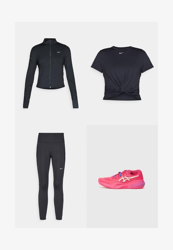 Sort langærmet træningsjakke med frontlynlås og hvid Nike swoosh-logo på venstre bryst, designet til en tætsiddende pasform.; Sort atletisk t-shirt lavet af glat stof, med et knyttet frontdesign og et lille hvidt Nike-logo på brystet.; Sorte leggings lavet af strækbart stof, med en høj talje og et hvidt Nike-logo på venstre lår. Glat tekstur, tætsiddende design.; Sportssko i livlig pink, med mesh-struktur, minimalistisk design, hvide detaljer og blå snørebånd. Buet sål med aerodynamisk form.