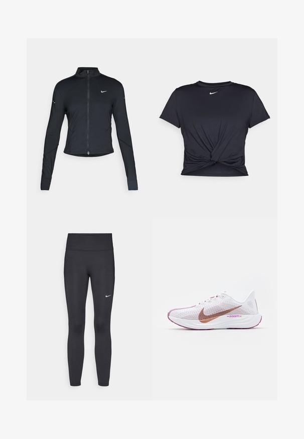 Svart langermet treningsjakke med glidelås foran og hvit Nike swoosh-logo på venstre bryst, designet for en slank passform.; Svart trenings T-skjorte laget av glatt stoff, med en knyttet frontdesign og en liten hvit Nike-logo på brystet.; Sorte leggings laget av elastisk stoff, med høy livlinje og en hvit Nike-logo på venstre lår. Glatt tekstur, kroppsnær passform.; Nike Performance PEGASUS PLUS - Løpesko for vei - white/metallic red bronze/platinum violet/plum dust/hot fuchsia