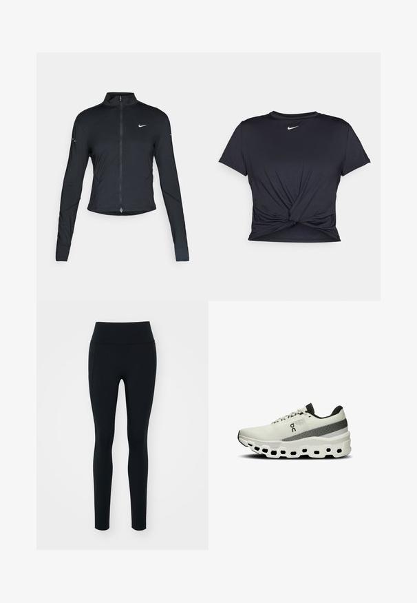 Sort langærmet træningsjakke med frontlynlås og hvid Nike swoosh-logo på venstre bryst, designet til en tætsiddende pasform.; Sort atletisk t-shirt lavet af glat stof, med et knyttet frontdesign og et lille hvidt Nike-logo på brystet.; Sorte leggings lavet af strækbart materiale med en høj talje. Glat tekstur, tætsiddende design og ingen synlige dekorationer eller mønstre.; Hvid atletisk sko med en tekstureret strikket overdel, grå stribe og en tyk, polstret sål med hexagonale udskæringer for fleksibilitet.