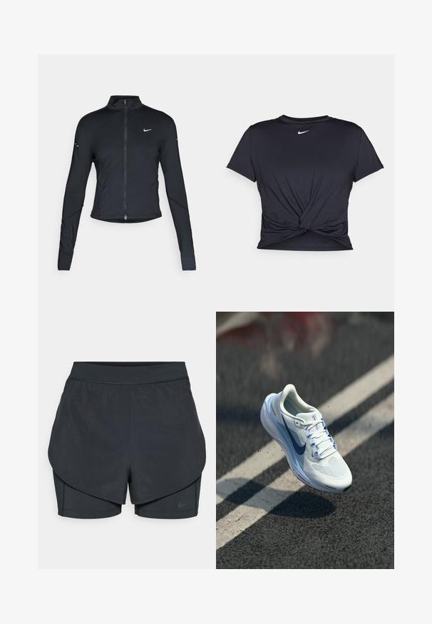 Black long-sleeve athletic jacket with front zipper and white Nike swoosh logo on left chest, designed for a slim fit.; Black athletic t-shirt made of smooth fabric, featuring a knotted front design and a small white Nike logo on the chest.; Black athletic shorts with a layered design, featuring a smooth outer layer and fitted inner shorts. Made of lightweight, stretch fabric.; White athletic shoe with breathable mesh upper and blue accents. Features a cushioned sole and flat laces. Midsole displays "Air Zoom" branding.
