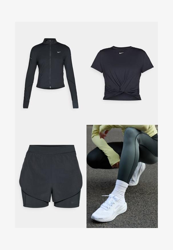 Black long-sleeve athletic jacket with front zipper and white Nike swoosh logo on left chest, designed for a slim fit.; Black athletic t-shirt made of smooth fabric, featuring a knotted front design and a small white Nike logo on the chest.; Black athletic shorts with a layered design, featuring a smooth outer layer and fitted inner shorts. Made of lightweight, stretch fabric.; White athletic shoes with mesh upper, flat laces, and cushioned sole, paired with dark green leggings and a light yellow long-sleeve top.