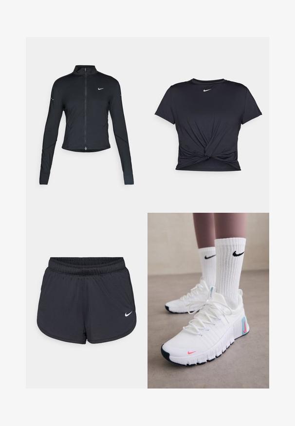 Fekete, hosszú ujjú sportdzseki elején zippzárral és fehér Nike swoosh logóval a bal mellen, karcsú fazonra tervezve.; Fekete sportpóló sima anyagból, elöl megkötős dizájnnal, a mellkason egy kis fehér Nike logóval.; Fekete sport rövidnadrág elasztikus derékpánttal, sportos kialakítással és egy fehér Nike logóval az elején alul. Texturált anyag.; Nike Performance FREE METCON 6 - Edzőcipő - white/hot punch/denim turquoise/black/pure platinum
