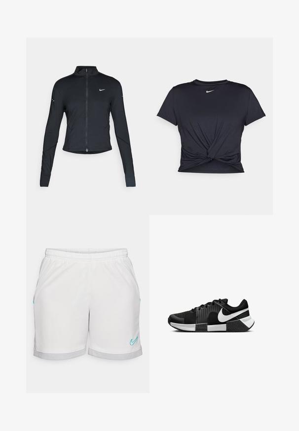 Svart langermet treningsjakke med glidelås foran og hvit Nike swoosh-logo på venstre bryst, designet for en slank passform.; Svart trenings T-skjorte laget av glatt stoff, med en knyttet frontdesign og en liten hvit Nike-logo på brystet.; Hvite treningsshorts med elastisk midje, med turkise detaljer og en grå mesh-bunn. Glatt stofftekstur, rett snitt.; Sorte atletiske sko med en mesh-overdel, teksturerte sidepaneler og svarte detaljer. Sålen er delt med et gummiert grep mønster.