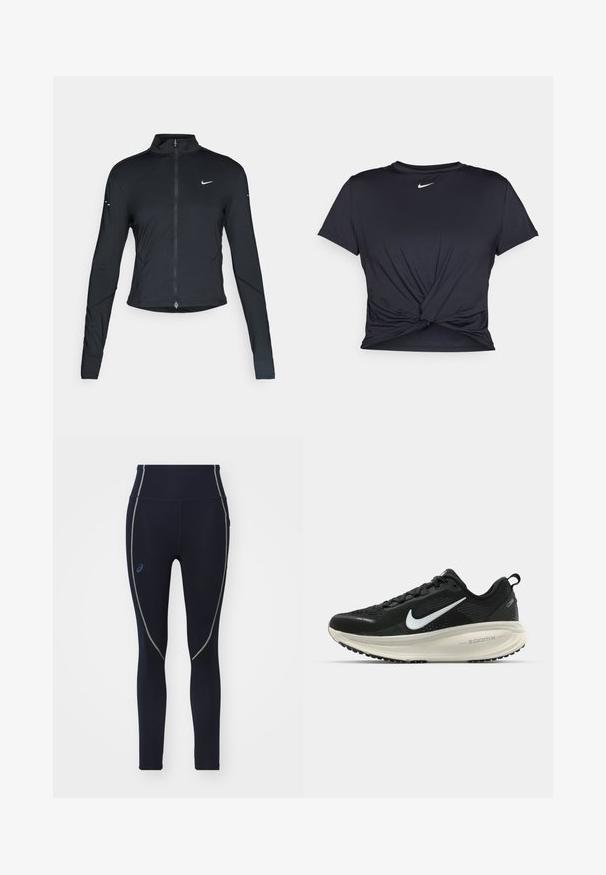 Black long-sleeve athletic jacket with front zipper and white Nike swoosh logo on left chest, designed for a slim fit.; Black athletic t-shirt made of smooth fabric, featuring a knotted front design and a small white Nike logo on the chest.; Navy high-waisted leggings made of stretchy fabric, featuring green stitching details and an Asics logo on the left side.; Black Nike running shoe with breathable mesh upper, white swoosh logo, textured detailing, and a cream-colored ZoomX midsole.