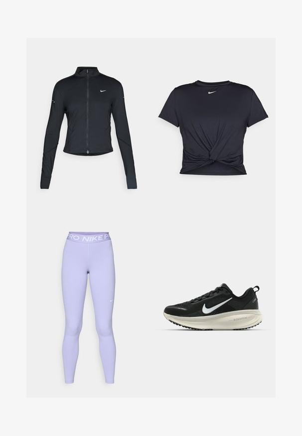 Juoda ilgomis rankovėmis sportinė striukė su priekiniais užtrauktukais ir baltu "Nike" swoosh logotipu kairėje krūtinės pusėje, sukurta siauram pritaikymui.; Juodas sportinis marškinėlis, pagamintas iš lygios medžiagos, su surišta priekiu ir mažu baltu Nike logotipu ant krūtinės.; Šviesiai violetinės leginsai su prigludusia forma. Juosmens juosta su balta "PRO NIKE" logotipo užrašu. Lygus audinys su minimaliais siūlais ir elegantišku dizainu.; Juodas Nike sportinis batelis su kvėpuojančiu tinklu, baltu swoosh logotipu, tekstūruoto dizaino detalėmis ir grietinėlės spalvos ZoomX viduriu.