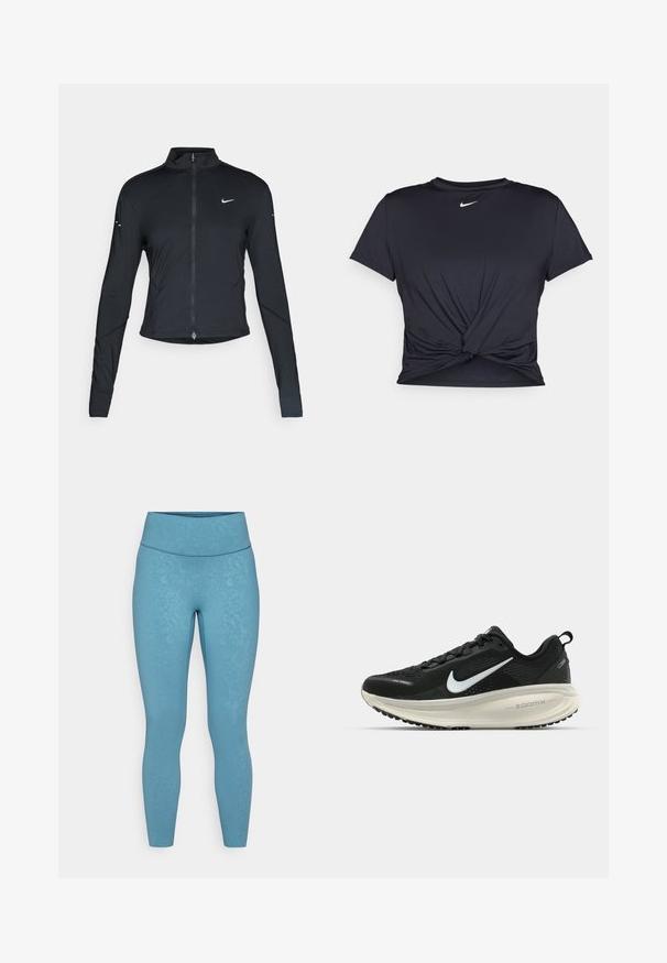 Must have pika, pikkade varrukatega sportlik jakk, ees lukuga ja valge Nike swooshi logo vasakul rinnal, mõeldud kitsaks sobivuseks.; Mustmust musta sportlik T-särk, mis on valmistatud sujuvast kangast, millel on sõlmega esikülg ja väike valge Nike logo rinnal.; Kõrge vöökohaga legginsid helesinises toonis, millel on pehme lillemuster. Valmistatud siledast ja venivast materjalist. Lähedalt sobituv disain.; Musthave mustus Nike jooksujalats, millel on hingav võrgust ülemine osa, valge swoosh logo, tekstuuriga detailid ja kreemja värvusega ZoomX vahevöö.