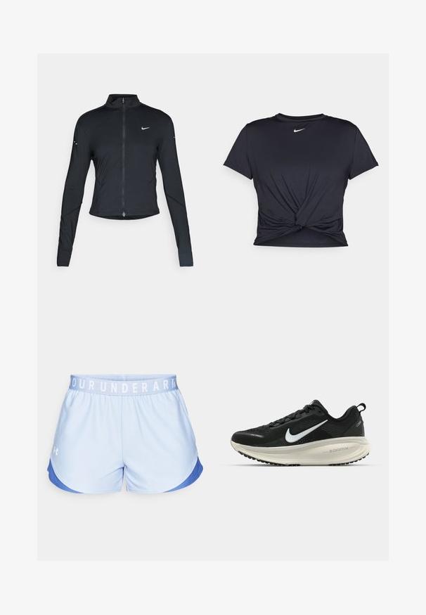 Černá sportovní bunda s dlouhým rukávem, s předním zapínáním na zip a bílým logem Nike swoosh na levé části hrudníku, navržena pro slim fit.; Černé sportovní tričko vyrobené z hladkého materiálu, s uzlovým designem vpředu a malým bílým logem Nike na hrudi.; Světlé modré sportovní šortky s kontrastním modrým akcentem, elastickým pasem s nápisem "UNDER ARMOUR" a měkkou texturou látky.; Černá běžecká obuv Nike s prodyšným síťovaným svrškem, bílým logem swoosh, texturovanými detaily a krémovou mezipodešví ZoomX.